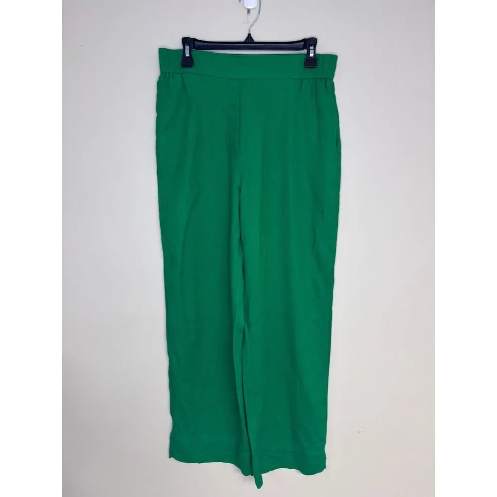 Zara Linen Blend Wide Leg Pants Womens L Green Pull On Elastic Waist